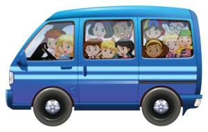 Blue van full of children illustration